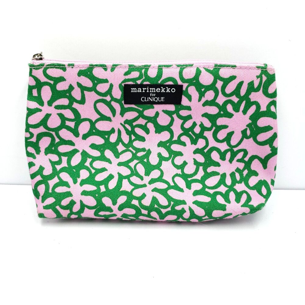 Clinique Marimekko Pink Green Cosmetic Bag Travel Case Limited Edition Pouch